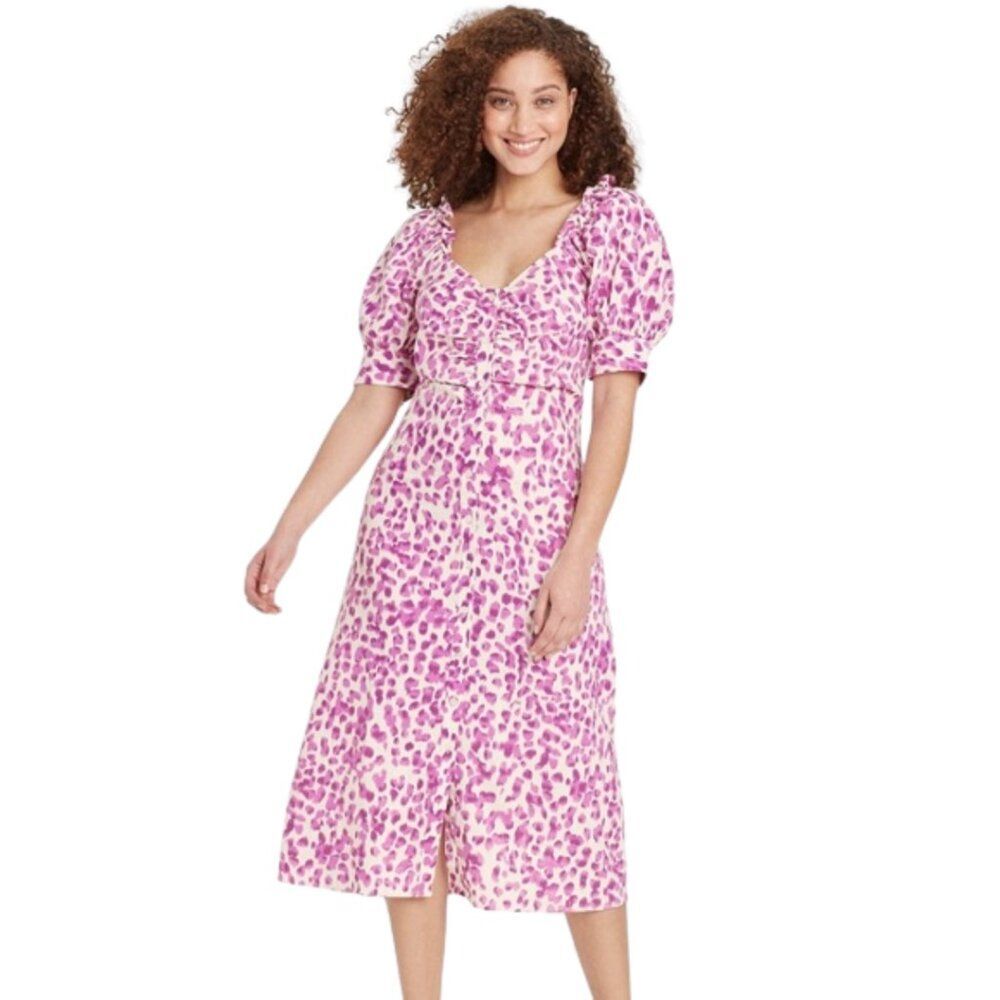 Who What Wear Button Front Linen Blend Puff Sleeve Midi Dress - Small